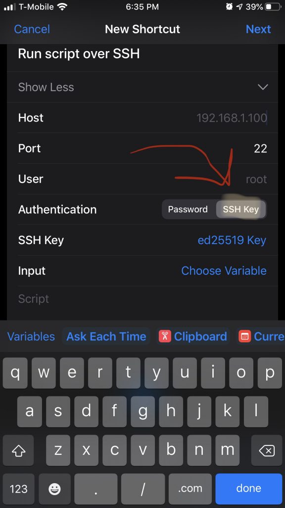 Run Script Over SSH select Authentication, SSH Key