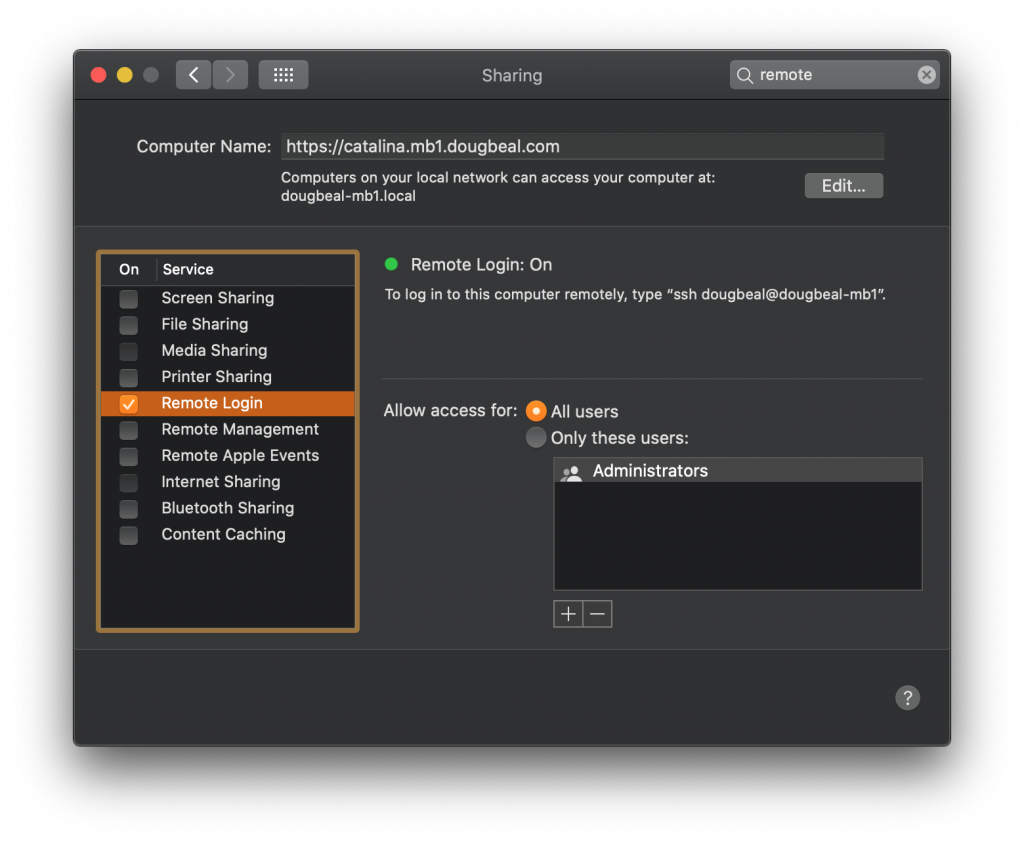 Remote Login Selected on MacOS Sharing System Preferences